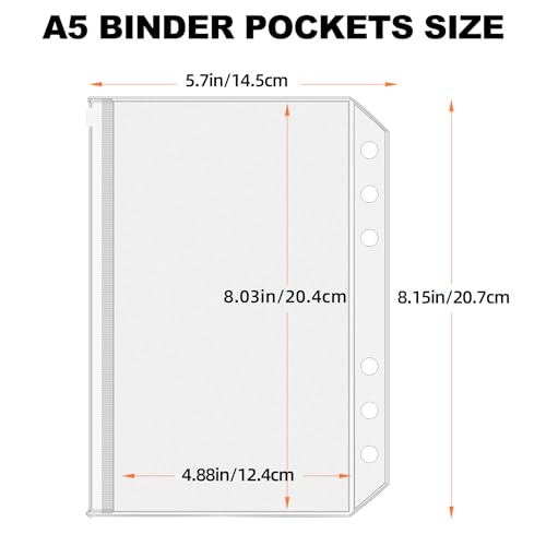 Antner 12 PCS Binder Pockets A5 Size Binder Zipper Folders for 6-Ring Notebook Binder, Waterproof PVC Pouch Document Filing Bags