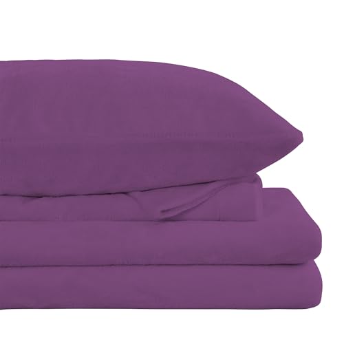 Image of Viviland Plush Microfleece King Bed Sheet Set, Purple | Soft Flannel-like Fleece, 100% Polyester, Fluffy Velvety Feel, 200GSM, 15 inch Deep Pocket, Warm Winter Gift & Decor