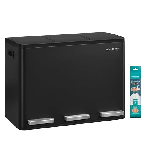SONGMICS Mülleimer Küche 3 x 15 L Mülltrennsystem 3 Fächer Abfalleimer mit 15 Müllbeuteln Tretmülleimer Inneneimer herausnehmbar Softclose-Deckel Griffe Stahl schwarz LTB145BZ02
