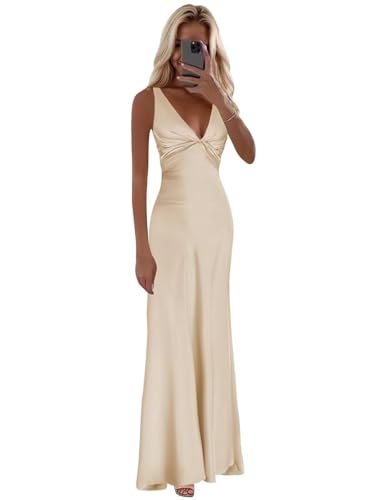 FUMY Spaghetti Straps Pleated Long Silk Satin Mermaid Prom Dresses with Bow Backless Halter Formal Dress for Women Evening Champagne 2