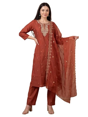 Image of INDO ERA Women's Silk Blend Paisley Embroidered Zari Work Kurta & Pant with Dupatta Set (IEBBAI389)