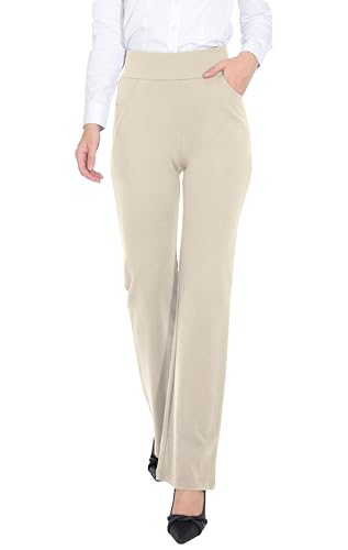 ZTN Womens Bootcut Dress Pants Regular Fit Tummy Control Pants Pull On Career Pants for Work Business Casual Khaki S