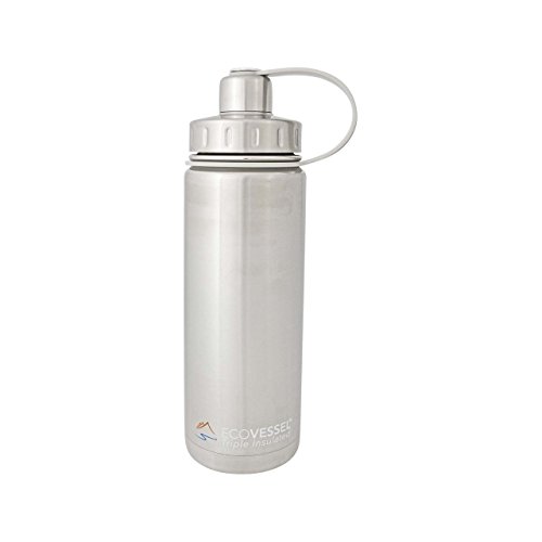 EcoVessel BOULDER TriMax Vacuum Insulated Stainless Steel Water Bottle with Versatile Stainless Steel Top and Tea, Fruit, Ice Strainer - 20 ounce - Silver Express