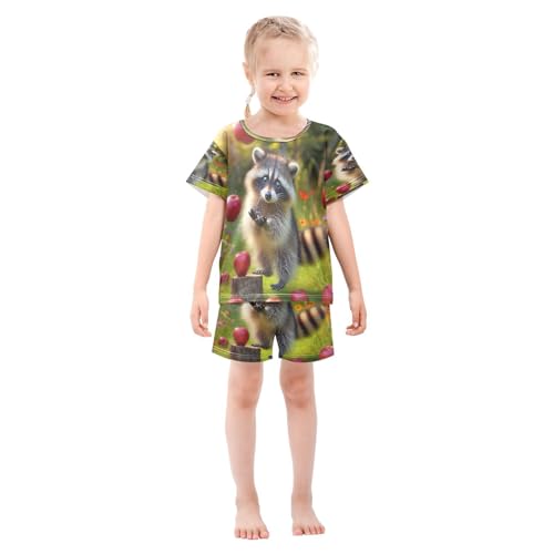 Pajama Sets Short Sleeve Raccoon and Red Fruit Soft Cotton Summer Sleepwear 2 Piece PJS Size 5-14T4