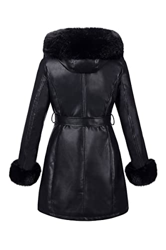 RISISSIDA Luxurious Fur Lined Leather Jacket Women Winter Coat with Hooded Long Fur Collar, Thick Warm Heavy Overcoat Belted3