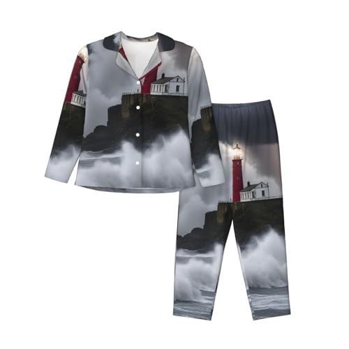 Pyjama 2 pièces Lighthouse In Storm ensemble de nuit femme manches longues idée cadeau