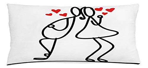 Lunarable Valentine Throw Pillow Cushion Cover, Cartoon Style Hand Drawn Romantic Couple with Little Red Hearts Love Theme, Decorative Rectangle Accent Pillow Case, 36