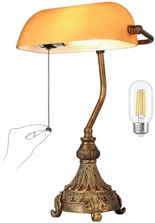 Newrays Vintage Amber Glass Bankers Desk Lamp for Home Office,Library with Pull Chain Switch Plug in Fixture, LED Bulb Included