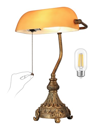Newrays Lampe de bureau vintage en verre ambré pour bureau à domicile ou bibliothèque, avec interrupteur à chaîne et prise, ampoule LED incluse