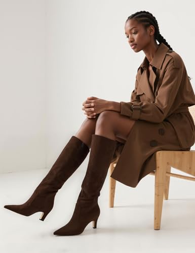 Knee High Boots for Women Pointed Toe Kitten Low Heel Tall Boots Faux Leather Fall Long Boots Side Zipper4