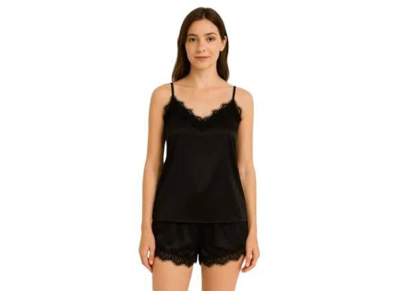 Luxurious Satin Pajama Set for Women, Camisole and Shorts with Black Lace Trim, Soft Sleepwear Nightwear-picture-16