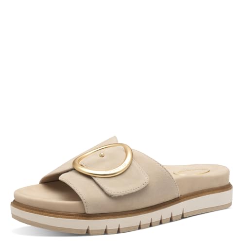 Tamaris Damen Wide Fit Pantoletten flach mit Klettverschluss und Schnalle beige (beige) 40 EU