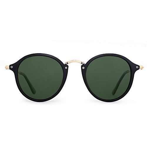 JIM HALO Lunettes de Soleil Rétro Polarisé Ronde Lunette Solaire Petit Miroir Teinté Lentille Cercle Hommes femmes (Noir Brillant/Vert Polarisé)
