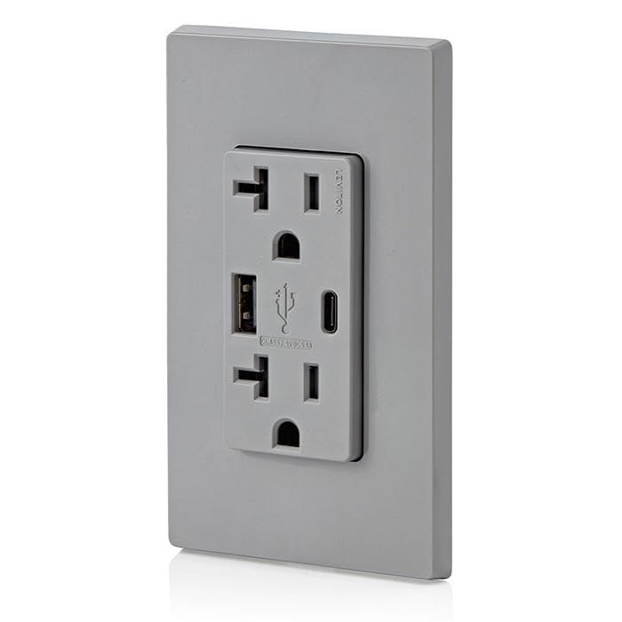 Image of Leviton Type A & Type-C USB In-Wall Charger with 20A Tamper-Resistant Outlet, USB Charger for Smartphones and Tablets. Not for Laptops, T5833-GY, Gray