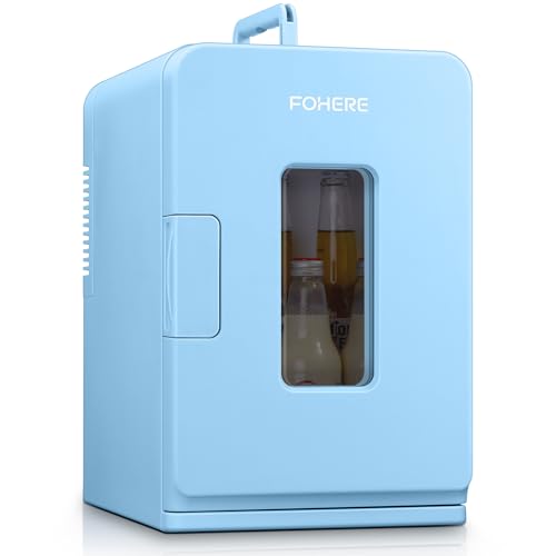 FOHERE Mini Nevera Pequeñas Portátil 12V/220V, 15L/21 Latas, Mini Frigorífico, Modo Silencioso, Función Frío/Calor, Refrigerador Cosmético/Skincare, Negro (Azul)