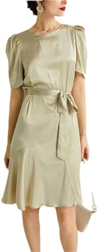 Zadaos Women's Silk Satin Dress, O-Neck Puff Sleeve, Slim Waist, ...