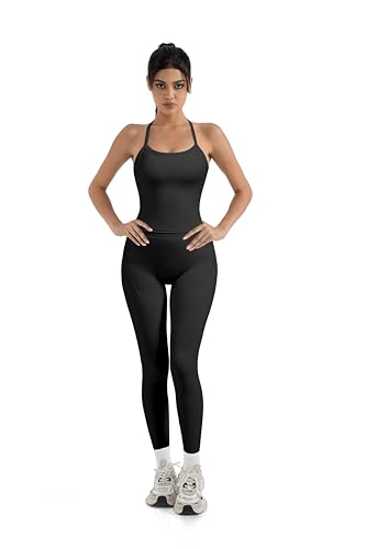 SUUKSESS Women 2 Piece Workout Sets Compression Tummy Control Leggings with Pockets Halter Built in Bra Tank Tops2