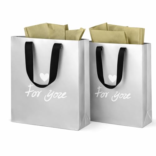 Bolsas de Regalo Plateadas 21x10x25 cm (Pack 2) con 4 Papeles de Regalo 70x50 cm – Bolsa de Papel Resistente con Asas, para Cumpleaños, Boda, Navidad, Baby Shower y Eventos