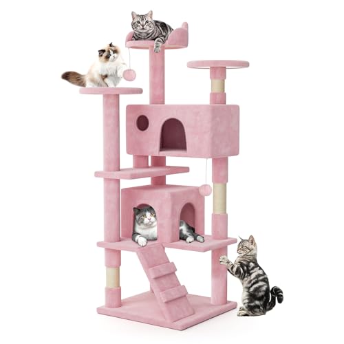MoNiBloom 54 Inch Cat Tree Tower for Indoor Cats Large Adults, Pink Cat Tower with Scratching Post, Multi-Level Furniture Activity Center with Cat Condo Pet Play House, Soft Pink