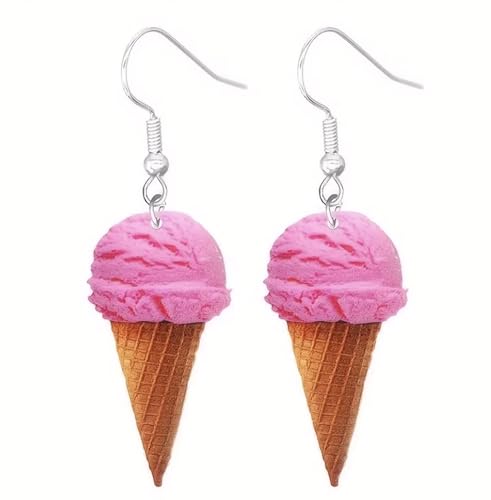 Flat Acrylic Pink Strawberry Ice cream Cone earrings Jewelry 1 sided print 2 inches long