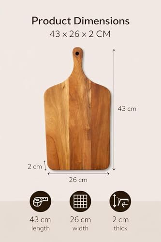 Image of Premium Wooden Chopping Board with Handle 43 x 26 x 2 cm | Thick Solid Wood Cutting Board for Kitchen | Heavy Duty Vegetable & Bread Cutting Board | Serving Board