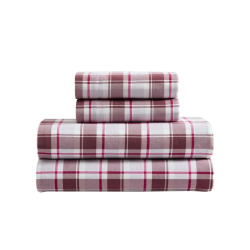 Image of Eddie Bauer - Full Flannel Sheet Set, Soft Brushed Cotton Bedding with Matching Pillowcases, Fully Elastic Fitted Sheet, Deep Pocket Bed Set, Breathable All-Season Comfort (Rugged Plaid Purple)