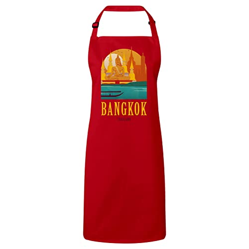 Tablier cuisine premium rouge Bangkok Thaïlande avec temple illustré