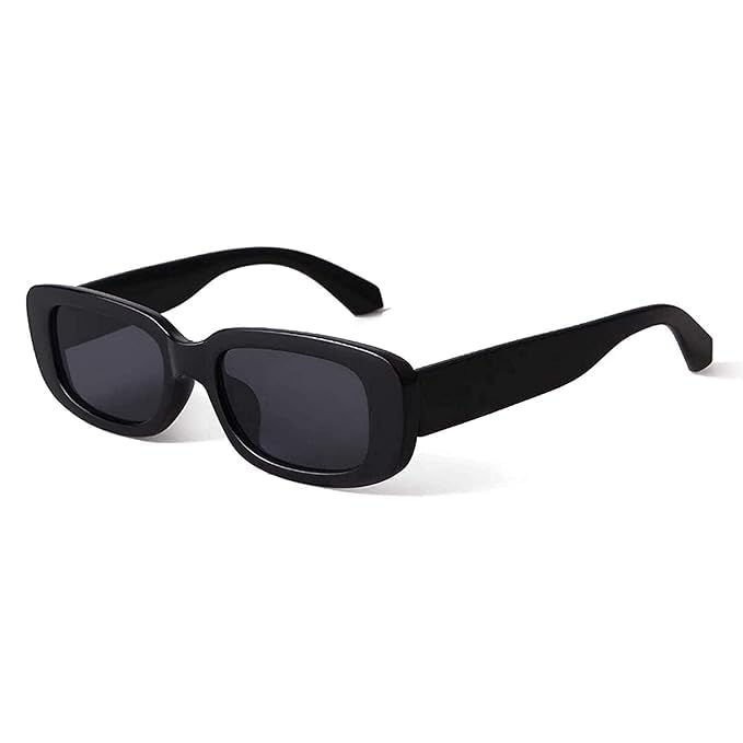 Image of Rectangular Sunglasses, Black Frame, Dark Grey Lenses, Retro Style-Men Women