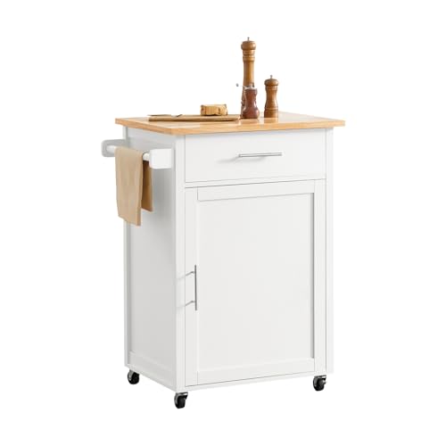 SoBuy Carrito Auxiliar con Ruedas Mueble Auxiliar de Cocina Carrito Cocina con cajón y Puerta Mesa Auxiliar Cocina Blanco-Naturale 68x46x90 cm FKW102-WN