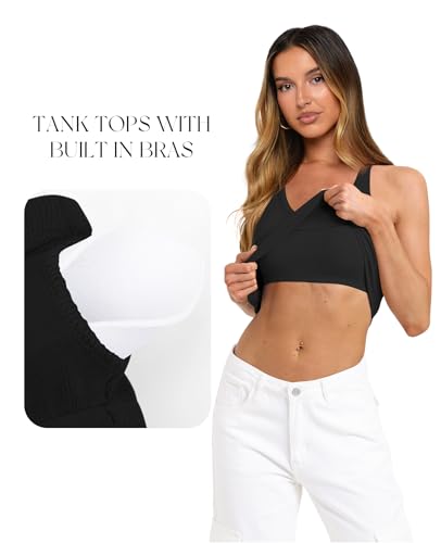 Image of Darong Womens V Neck Tank Top Built in Bra | Halter neck, Built in bra, Ribbed knit, Soft material, V neck, Strappy back, Sexy style
