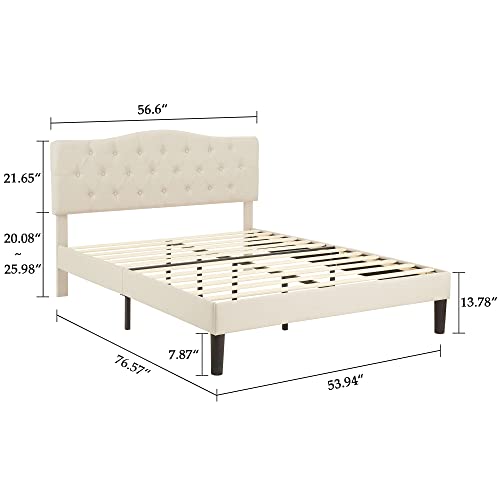Vecelo Full Classic Upholstered Platform Bed Diamond Stitched Cloth Panel Headboard/Mattress Foundation/Easy Assembly/Strong Slat Support,Honey Beige #TOP4