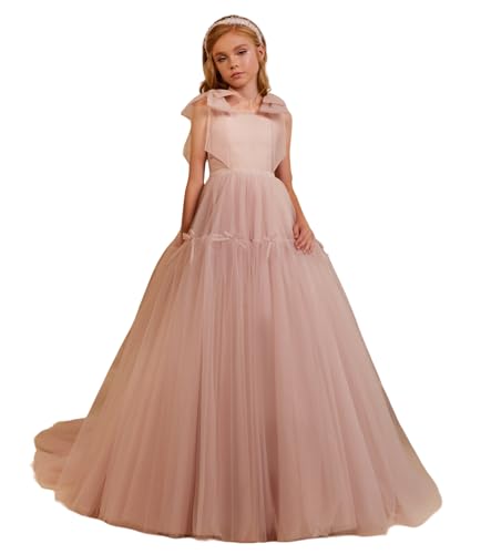 Fairy Flower Girl Dress Pink Tulle Pageant Dress for Girls 7-16 Princess Junior Bridesmaid Dress with Bows