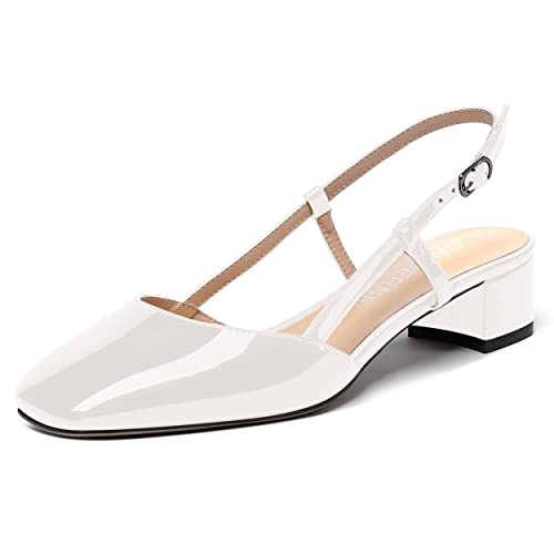 WAYDERNS Women's Patent Square Toe Ankle Strap Slingback Buckle Chunky Low Heel Pumps Business Dress Shoes 1.5 Inch