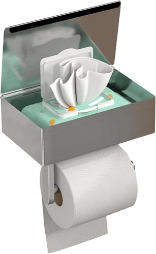GUIGUZI Toilettenpapierhalter Ohne Bohren Edelstahl Silber Toilettenpapierhalter Mit Feuchttücherbox Klopapierhalter mit Ablage Großformat WC Papier Halterung für Küche und Badzimmer