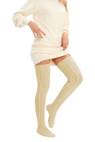 Image of YELAIVP Women's Thigh High Socks Over Knee Cable Knit Boot Stockings Winter Long Warm Leg Warmers