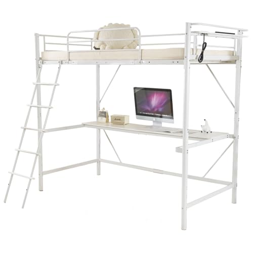 OSLEEP ロフトベッド スチール製 ハシゴタイプ ハイタイプ 高さ約184CM 耐荷重150KG 高さ調節可能なデスク付き 宮付き コンセント付き シングル システムベッド ベッドフレームのみ 子供用 大人用 子供部屋 省スペース ベッドフレーム おし