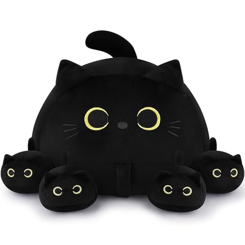 Image of Auspicious beginning 19'' Black Cat Plush 5PCS Cat Family PlushToys,Cute Black Cat Mommy Cat with 4 Baby Kittens Cat Plushies for Kids, Kawaii Birthday Gifts for Kids Boys Girls