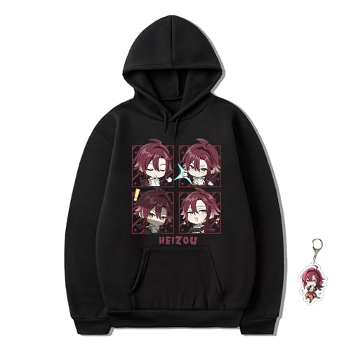 SodaMeow Anime Hoodie Women Sweatshirt Sweater Men Unisex Anime Hoodie Furina Scaramouche Hu Tao, Free Keychain (Black-Heizou-1,4XL,4X-Large)