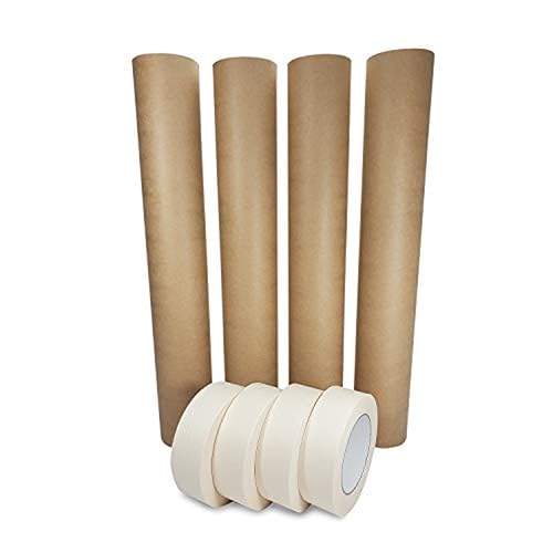 Image of IDL Packaging Masking Paper Set: 18 inch x 60 Yards Brown Masking Paper (4 Rolls) + 1.41 inch x 60 Yards White Tape (4 Rolls) - Masking Kit for Painting Projects and Home Improvements - Surface Protection