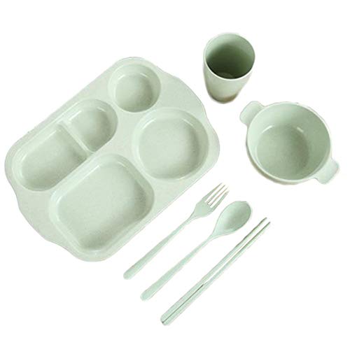 ベビー食器 6点セット プレート ライスボウル 箸 スプーン フォーク コップ 育児 子供用 麦藁 環境保護 四色展開 (グリーン)