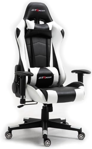 GTRACER Pro Gaming   Silla de oficina ergonómica con reposabrazos ajustables, piel sintética, incluye cojín lumbar y almohada (negro   blanco)