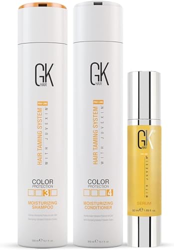 GK HAIR Moisturizing Shampoo and Conditioner (300ml) with Serum (50ml) Set for Color Treated Anti Frizz Hair - Daily Use Cleansing Dry to Normal Sulfate Paraben Free - All Hair Types for Men and Women