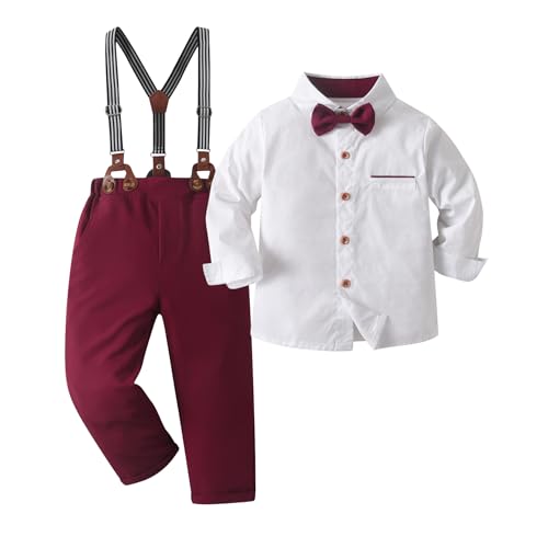 Image of Boarnseorl Baby Boys Pants Sets, Infant Long Sleeve Shirt + Pants + Bow Tie + Suspenders Outfits
