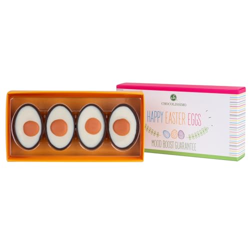 CHOCOLISSIMO Regalo de Pascua - 4 Exclusivos Pralinés de Chocolate en Mitades de Huevo - Rellenos de Trufa Blanca - Lujosos Bombones de Pascua Sin Alcohol en un Elegante Estuche de Regalo