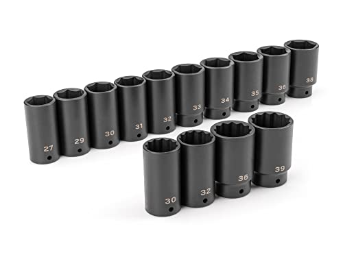 TEKTON 1/2 Inch Drive Deep 6-Point and 12-Point Axle Nut Impact Socket Set, 14-Piece (27-39 mm) | SID92002