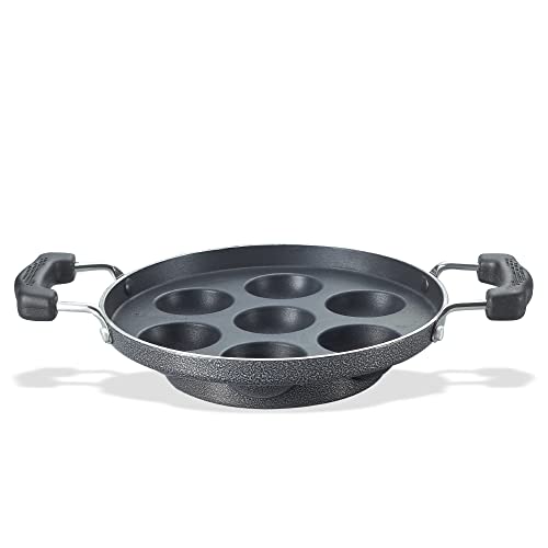 Prestige Omega Select Plus Non Stick Paniyarakkal | Glass Lid | Black | 20 cm | 7 Pits |Residue Free Coating |Metal Spoon Friendly | Ergonomic Handle