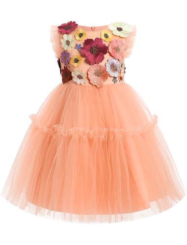 OBEEII Toddler Girls 3D Flower Tulle Dress Wedding Flower Girl Dress Birthday Party Formal Baptism Pageant Ball Gown