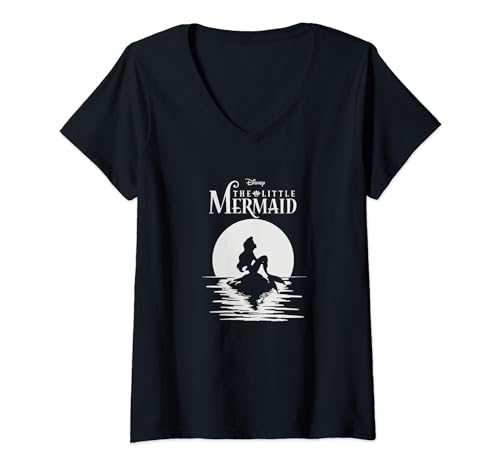 T-shirt Ariel Disney col en V pour femme avec silhouette sirène et lune