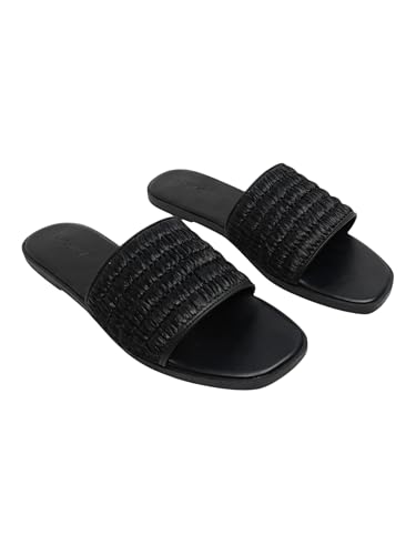 Image of MOVIDA Women's Woven Wide Strap Flat Slide Sandals | Square Toe Slip-On Flats | Stylish Casual Everyday Footwear