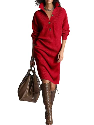 Chouyatou Women'S Fall Ribbed Knit Sweater Dresses Button Up Polo Collar Long Sleeve Knitted Midi Long Dress (Xx-Large, Red)